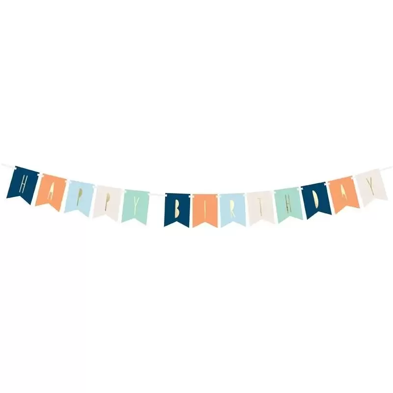 GHIRLANDA HAPPY BIRTHDAY MIX COLORI – BLU ARANCIONE CELESTE BIANCO E VERDE ACQUA
