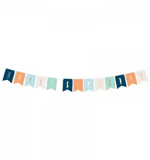 GHIRLANDA HAPPY BIRTHDAY MIX COLORI – BLU ARANCIONE CELESTE BIANCO E VERDE ACQUA