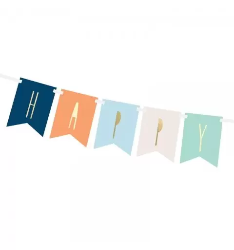 GHIRLANDA HAPPY BIRTHDAY MIX COLORI – BLU ARANCIONE CELESTE BIANCO E VERDE ACQUA