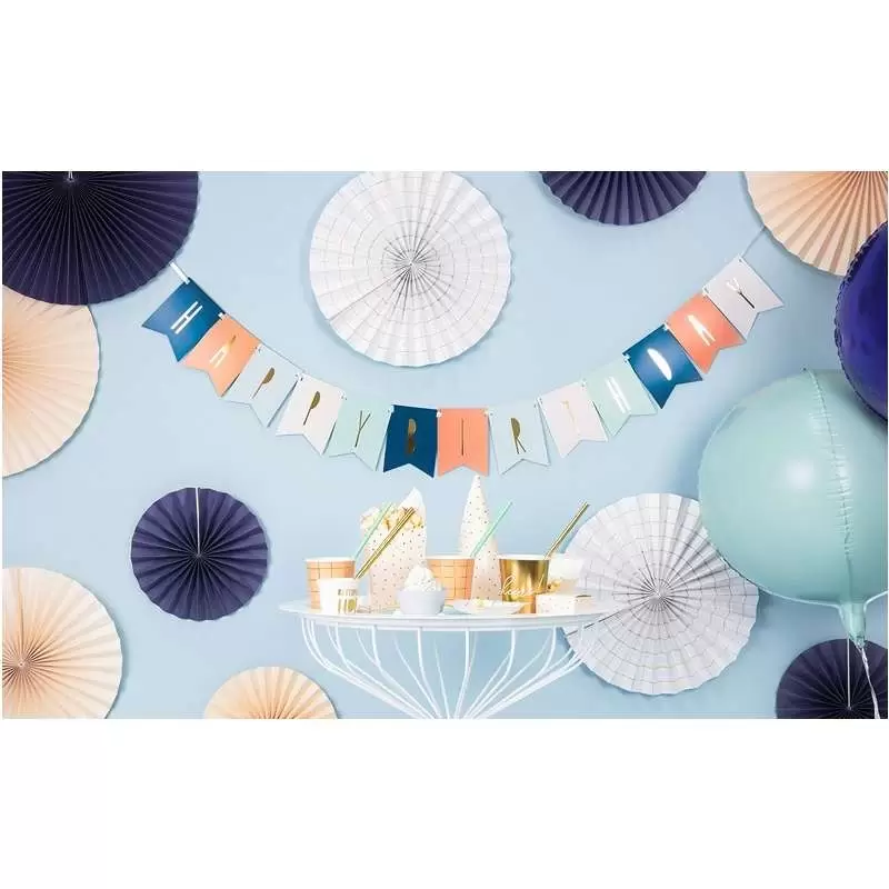 GHIRLANDA HAPPY BIRTHDAY MIX COLORI – BLU ARANCIONE CELESTE BIANCO E VERDE ACQUA