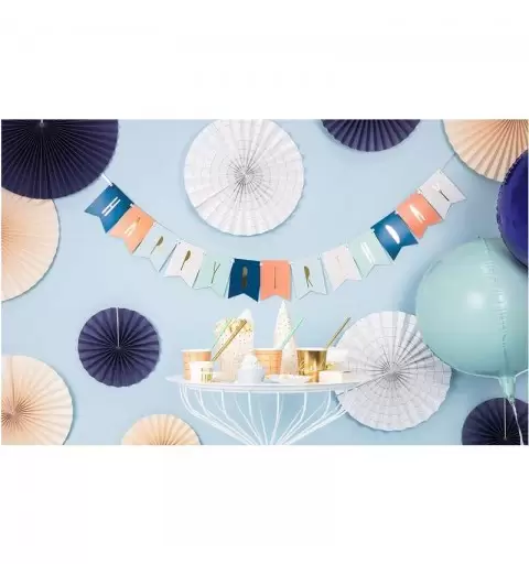 GHIRLANDA HAPPY BIRTHDAY MIX COLORI – BLU ARANCIONE CELESTE BIANCO E VERDE ACQUA