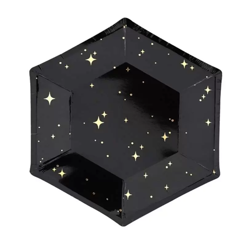 PIATTI ESAGONALI NERI CON STELLE ORO – 6 PZ