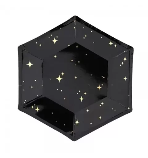PIATTI ESAGONALI NERI CON STELLE ORO – 6 PZ