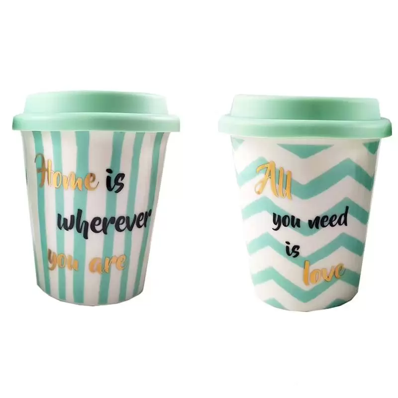 TAZZA TAKE AWAY IN CERAMICA CON TAPPO IN SILICONE – VERDE ACQUA CON SCRITTE