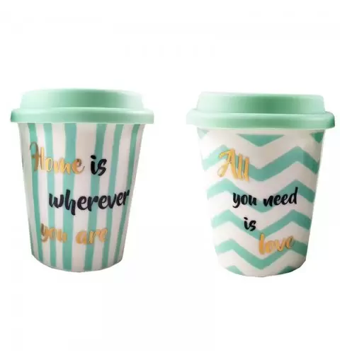 TAZZA TAKE AWAY IN CERAMICA CON TAPPO IN SILICONE – VERDE ACQUA CON SCRITTE