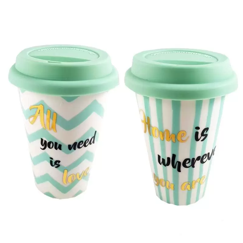 TAZZA TAKE AWAY IN CERAMICA CON TAPPO IN SILICONE – VERDE ACQUA CON SCRITTE