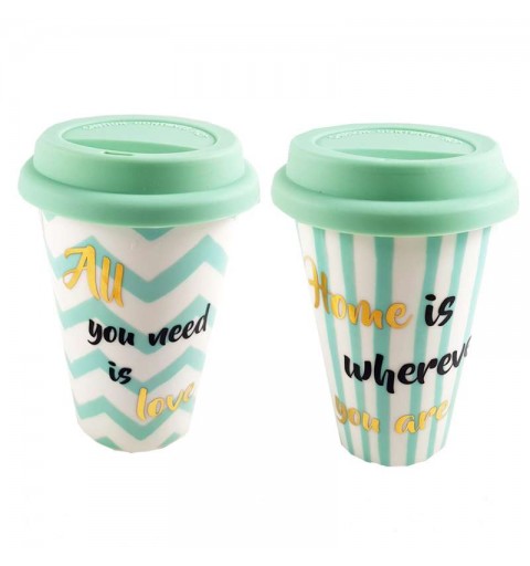 TAZZA TAKE AWAY IN CERAMICA CON TAPPO IN SILICONE – VERDE ACQUA CON SCRITTE