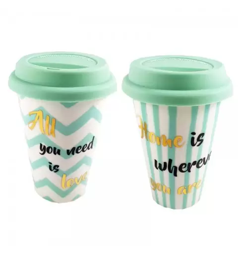 TAZZA TAKE AWAY IN CERAMICA CON TAPPO IN SILICONE – VERDE ACQUA CON SCRITTE
