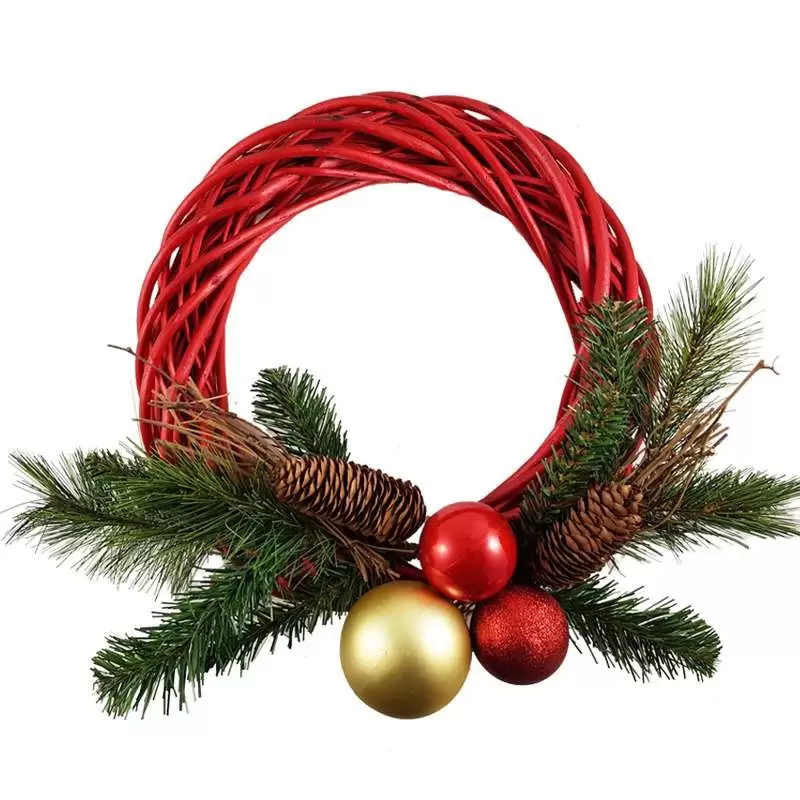 GHIRLANDA NATALIZIA ROSSA IN LEGNO INTRECCIATO CON PALLINE E PINO – CORONA FAI DA TE NATALE