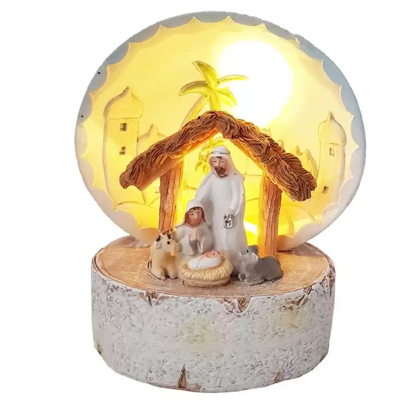 NATIVITÀ SU TRONCO DI LEGNO – CON LUCE LED E PAESAGGIO