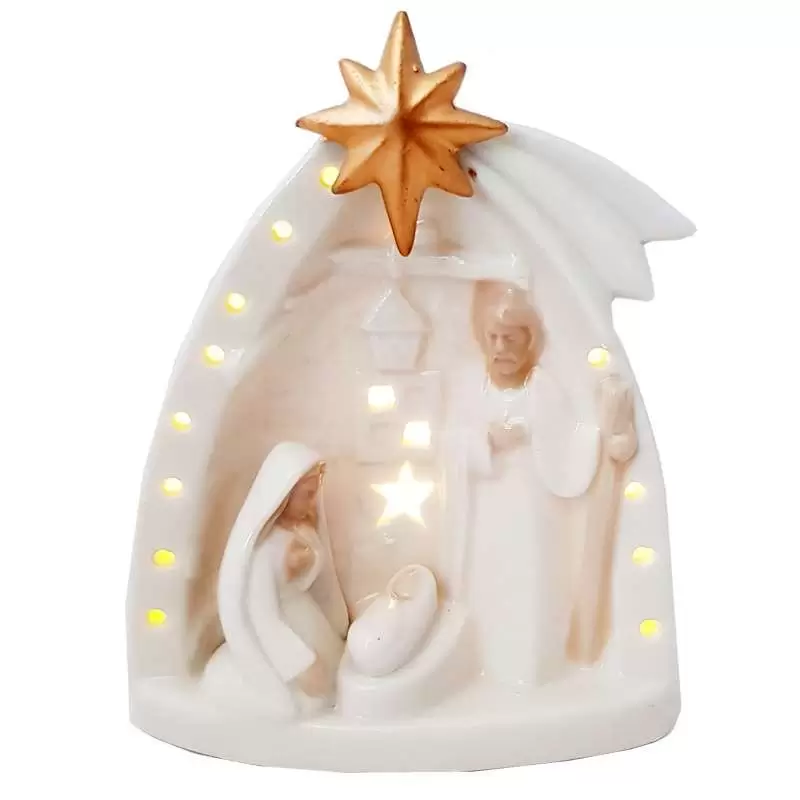 NATIVITÀ DI PORCELLANA BIANCA CON LED - SACRA FAMIGLIA CON STELLA ORO