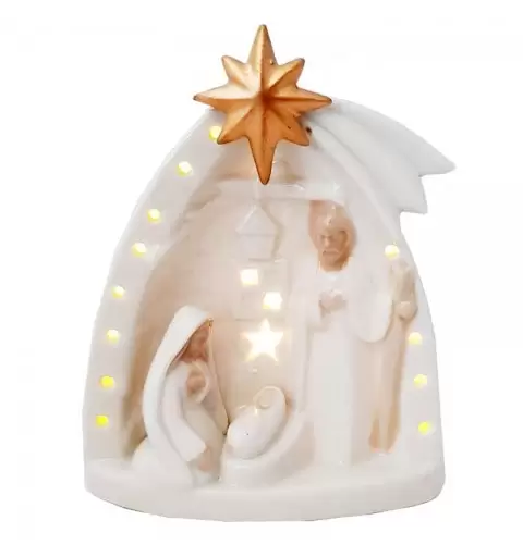NATIVITÀ DI PORCELLANA BIANCA CON LED - SACRA FAMIGLIA CON STELLA ORO