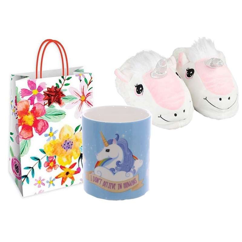 IDEA REGALO UNICORNO – TAZZA E PANTOFOLE CON SHOPPER