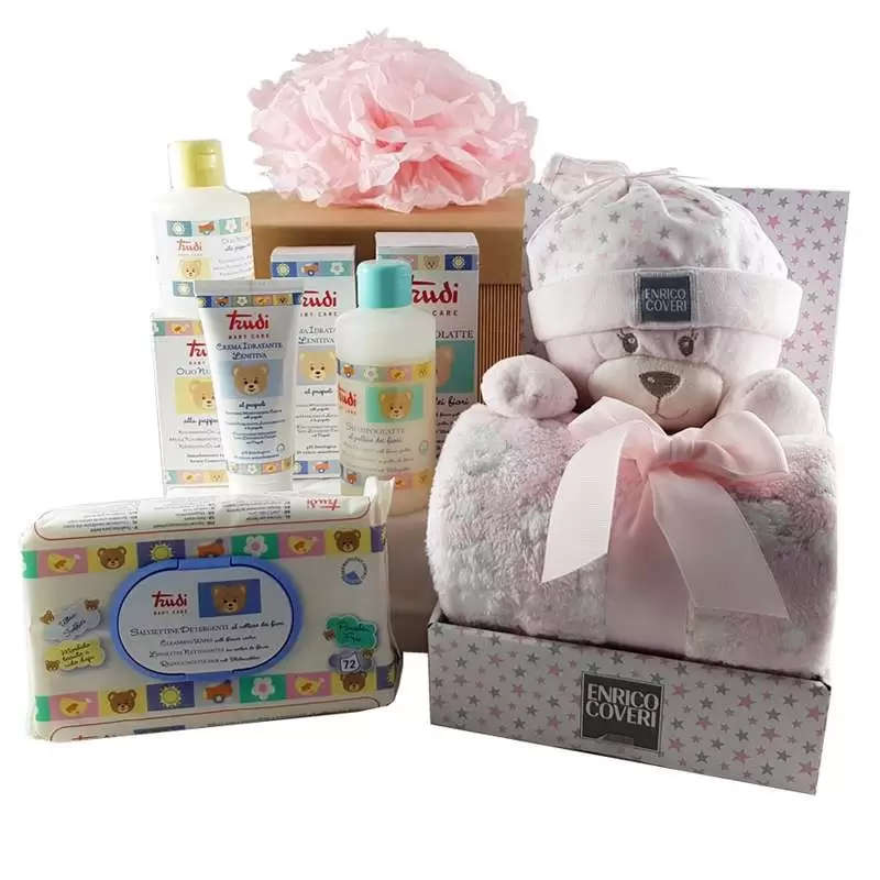 IDEA REGALO TRUDY ROSA CON PELUCHE E COPERTINA – CESTO NASCITA