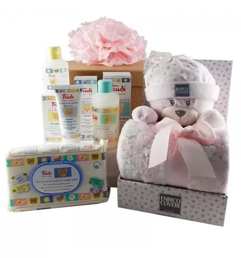 IDEA REGALO TRUDY ROSA CON PELUCHE E COPERTINA – CESTO NASCITA