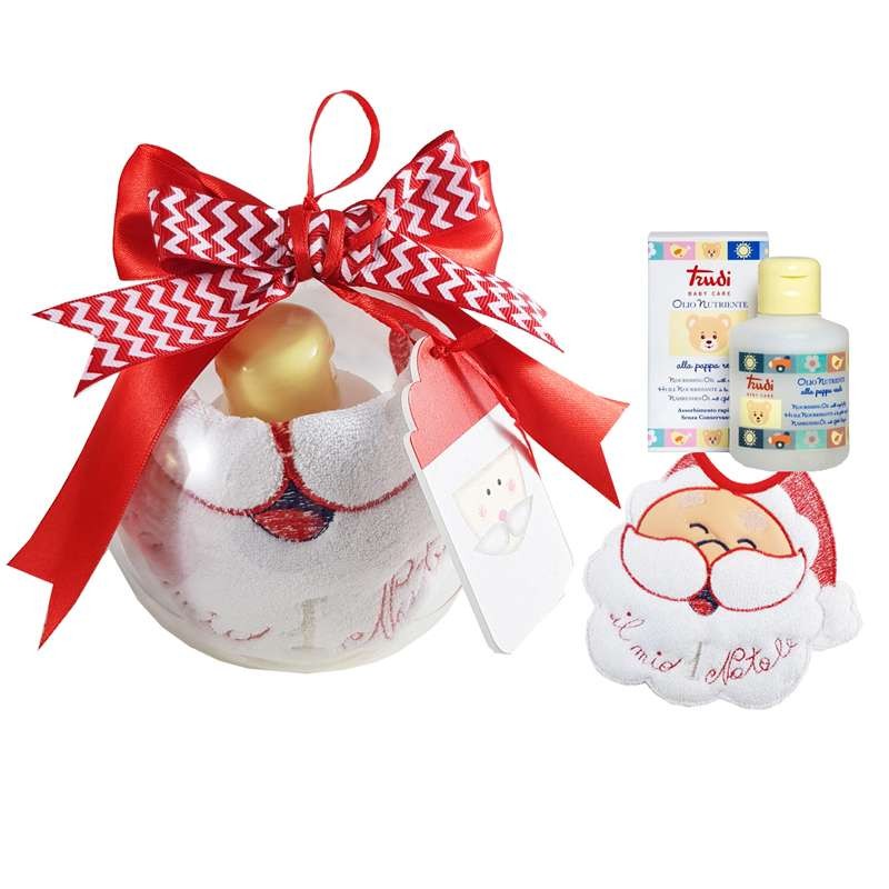 Pallina natalizia con bavetta Babbo Natale e olio Trudi