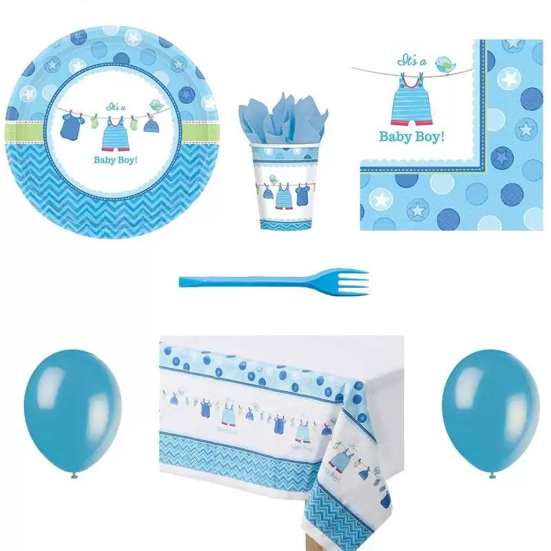Kit n.6 baby shower boy celeste - accessori festa con forchette e palloncini