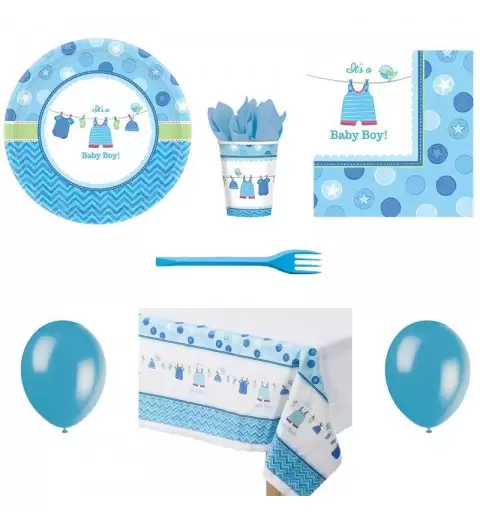 Kit n.6 baby shower boy celeste - accessori festa con forchette e palloncini