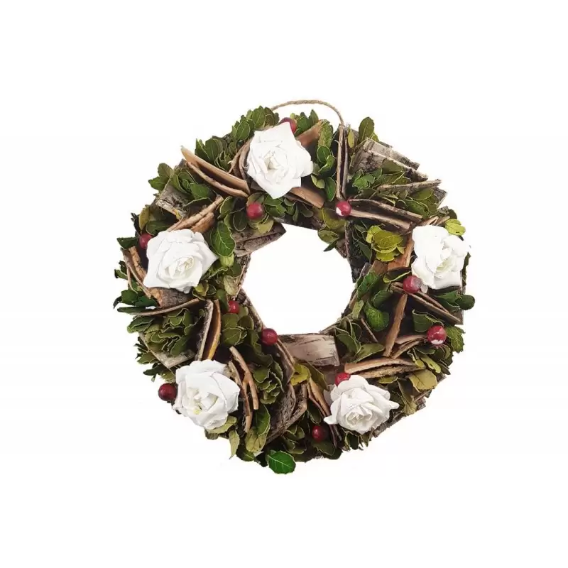 Ghirlanda natalizia con rose bianche e bacche - 35 cm