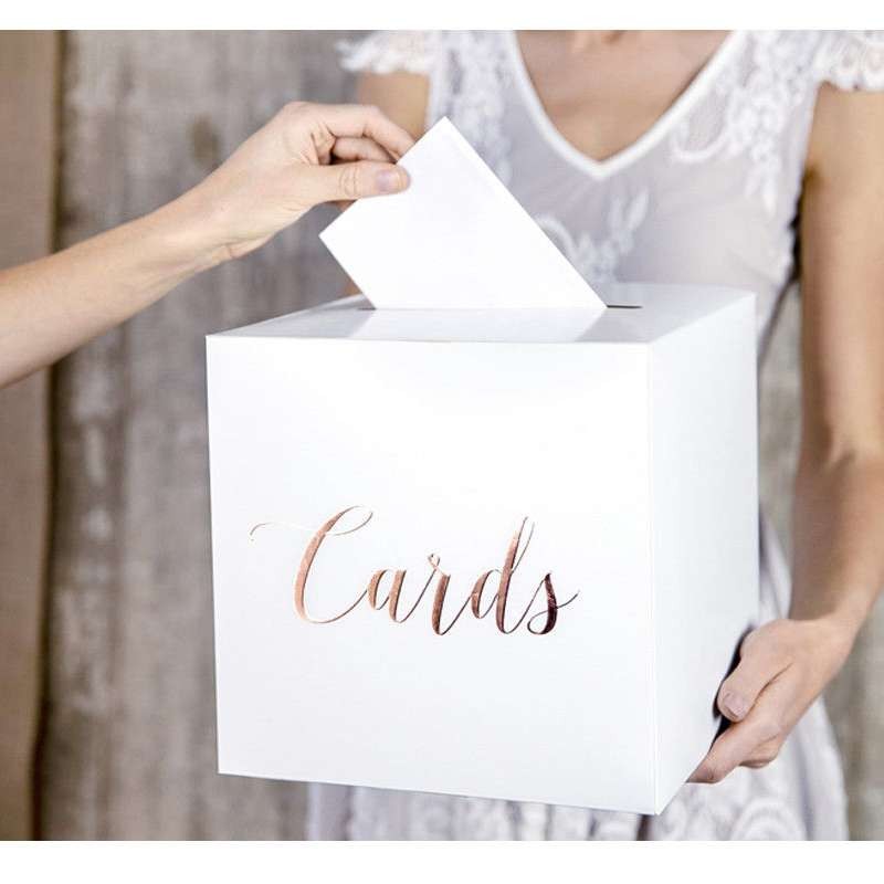 Wedding card box - bianca con scritta cards oro rosa