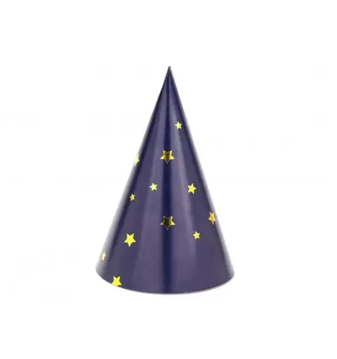 Cappellini cono blu e bianchi con stelle oro - 6 pz