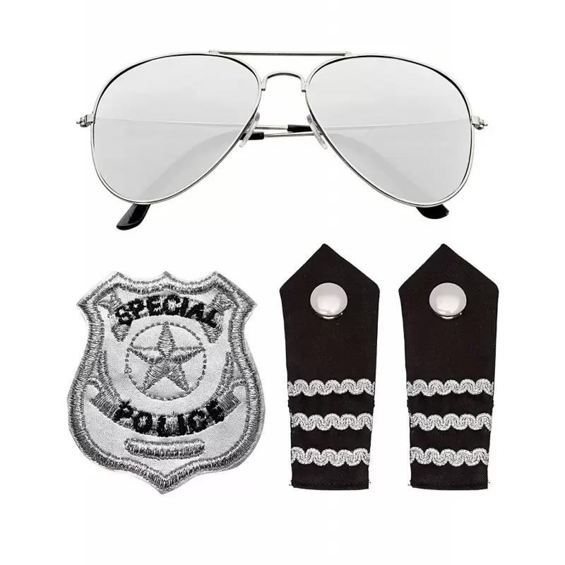 Occhiali controspalline e distintivo da poliziotto