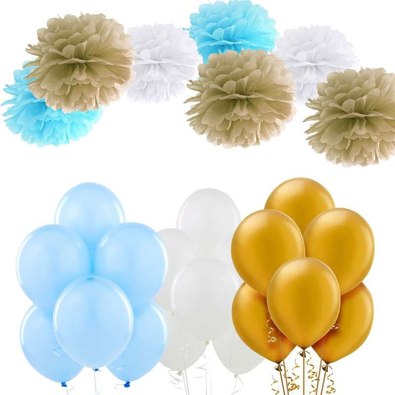 Palloncini e fluffy celesti bianchi e oro 