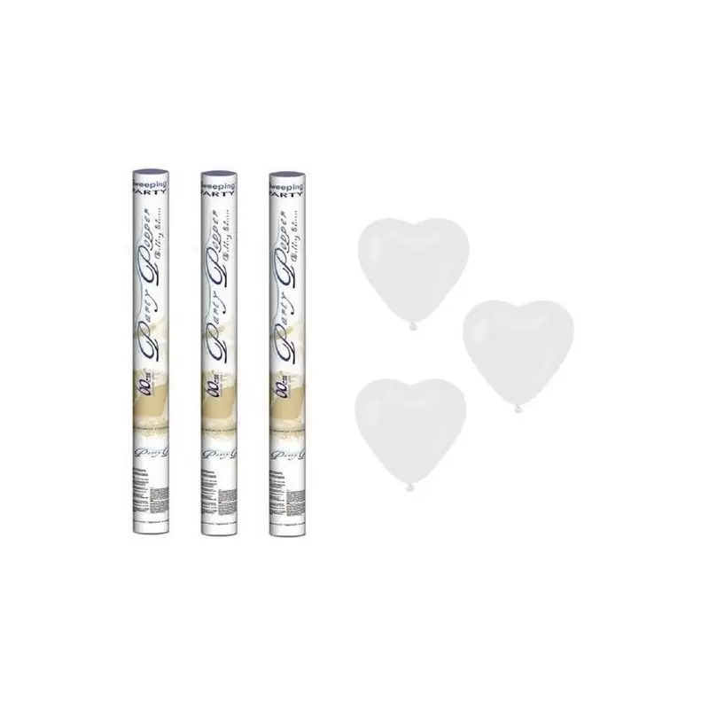 KIT 3 TUBI SPARACORIANDOLI 60 CM + 100 PALLONCINI CUORE BIANCHI