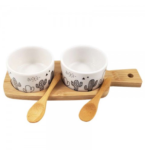 Tazze in ceramica con vassoio e cucchiaini in legno