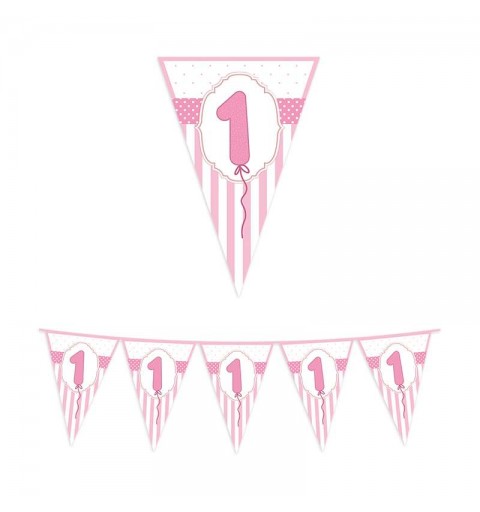 Festone bandierine primo compleanno rosa pois e strisce