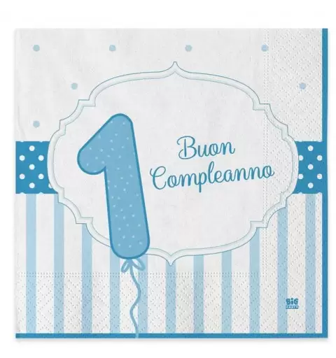 Tovaglioli 1 compleanno celeste strisce - 8 pz