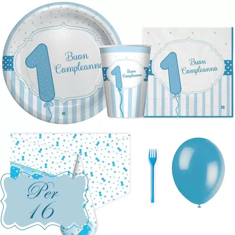 Kit n.6 primo compleanno celeste strisce