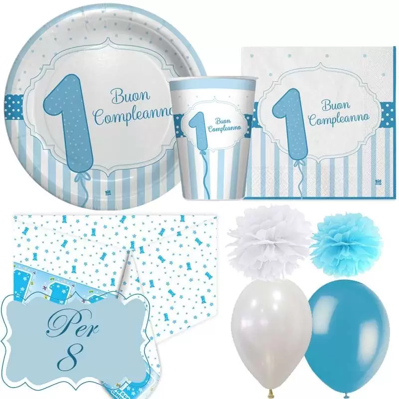 Kit n.49 un anno strisce celesti - set tavola per 8