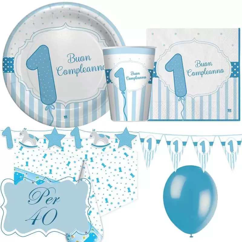 Kit n.27 un anno celeste strisce - coordinato primo compleanno