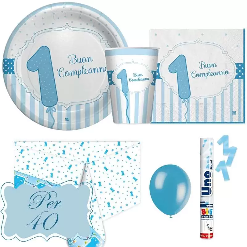 Kit n.30 un anno celeste strisce - coordinato primo compleanno