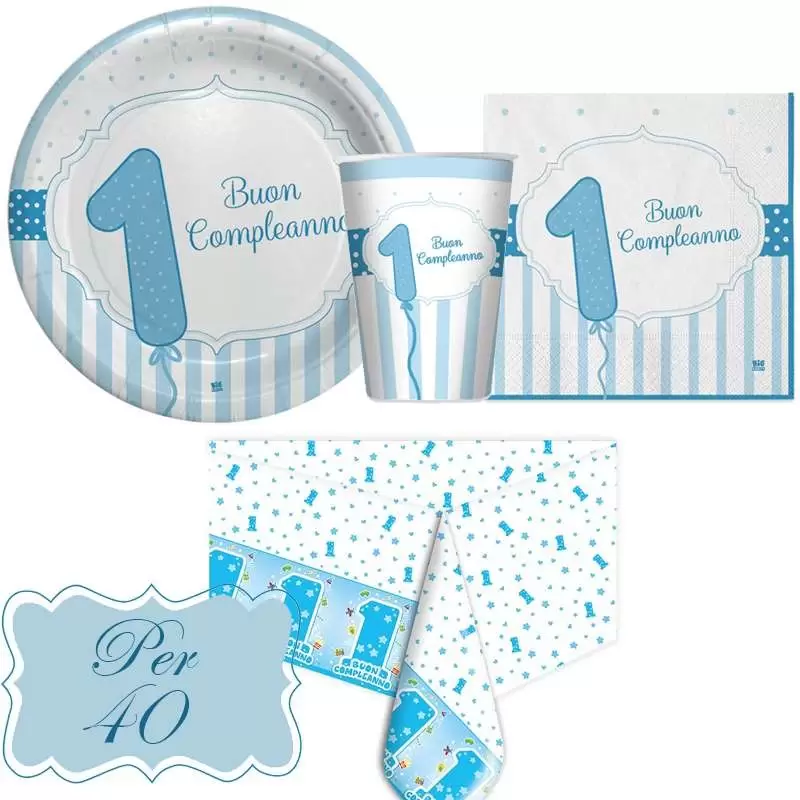 Kit n.3 un anno celeste strisce - set festa primco compleanno