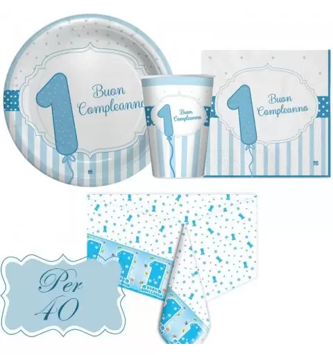 Kit n.3 un anno celeste strisce - set festa primco compleanno