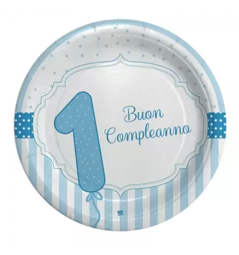 Kit n.3 un anno celeste strisce - set festa primco compleanno