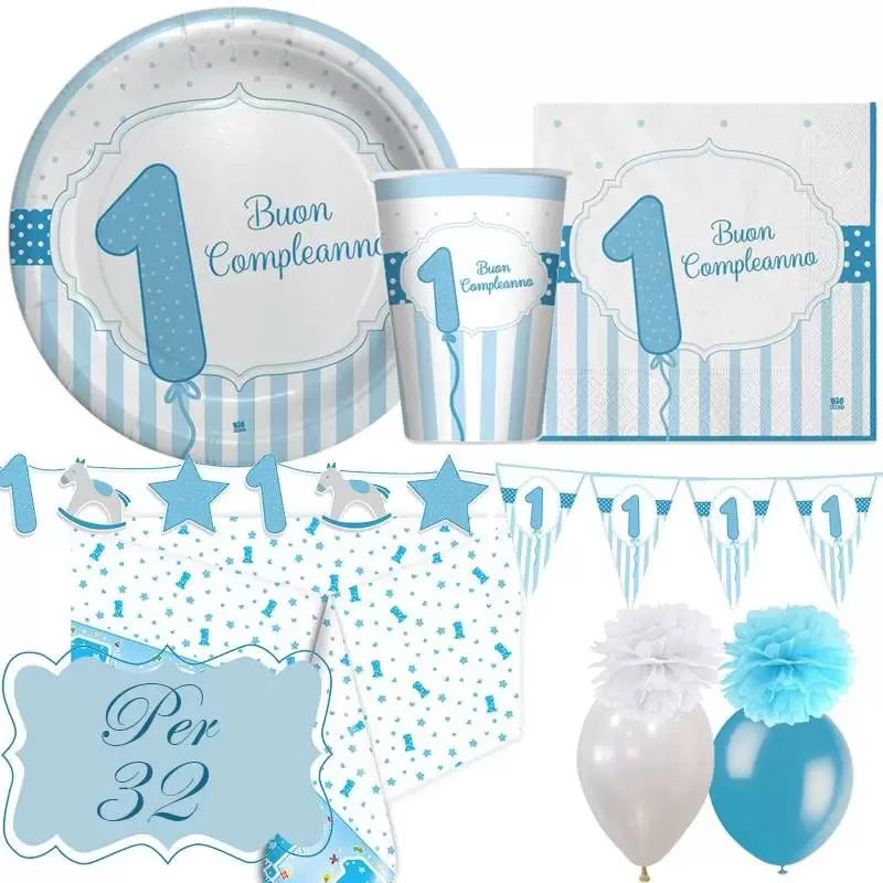 Kit n.46 un anno celeste strisce - completo tavola 1 anno