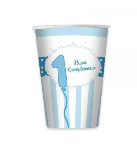 Kit n.13 primo compleanno celeste strisce - set tavola per 24