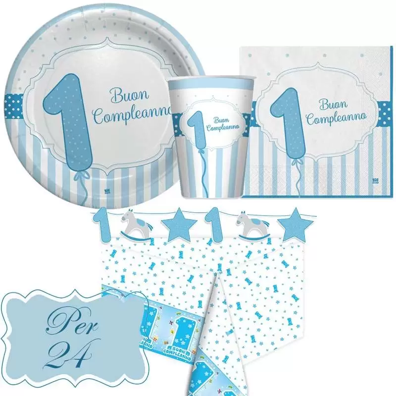 Kit n.13 primo compleanno celeste strisce - set tavola per 24