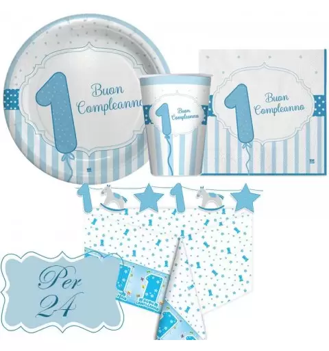 Kit n.13 primo compleanno celeste strisce - set tavola per 24