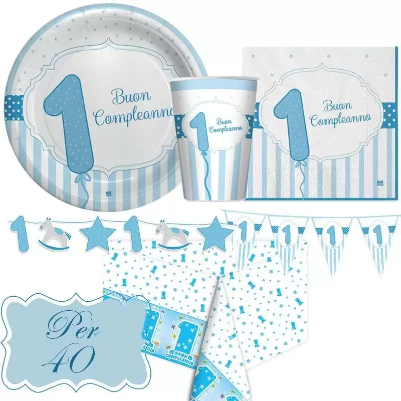 Kit n.17 primo compleanno celeste strisce - addobbi per 40