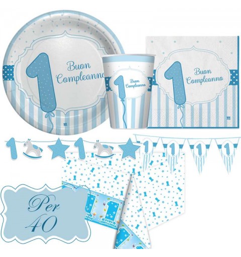 Kit n.17 primo compleanno celeste strisce - addobbi per 40