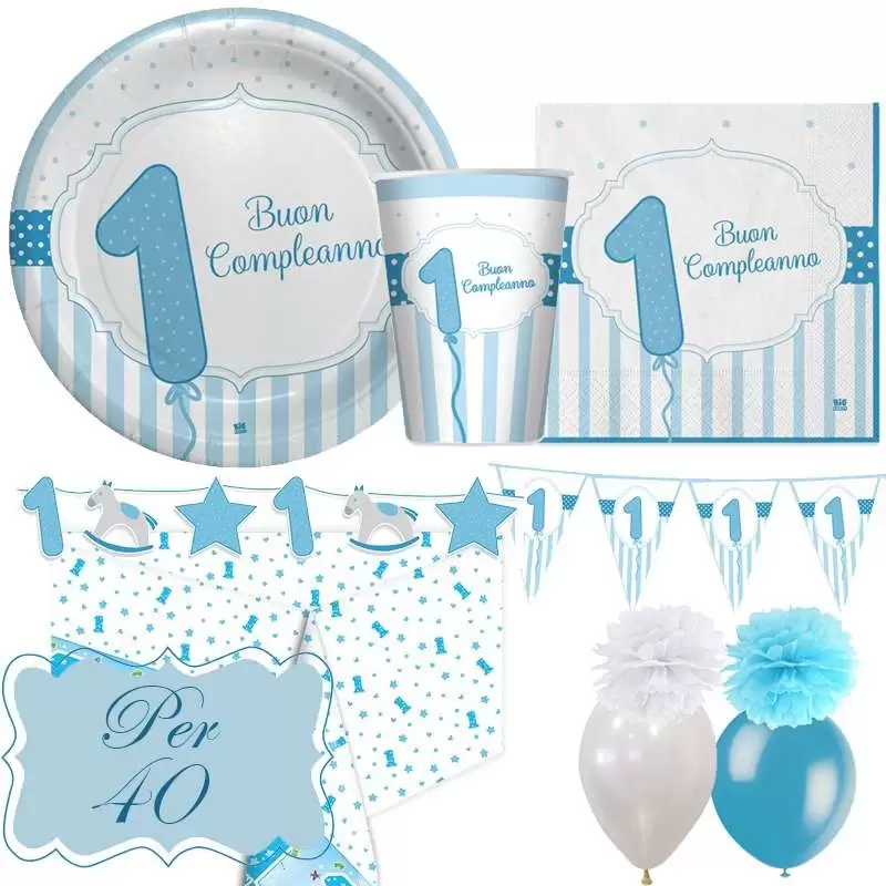 Kit n.55 primo compleanno celeste strisce