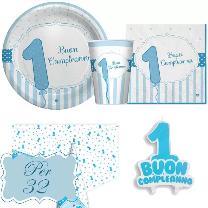 Kit n.24 primo compleanno celeste strisce - coordinato tavola