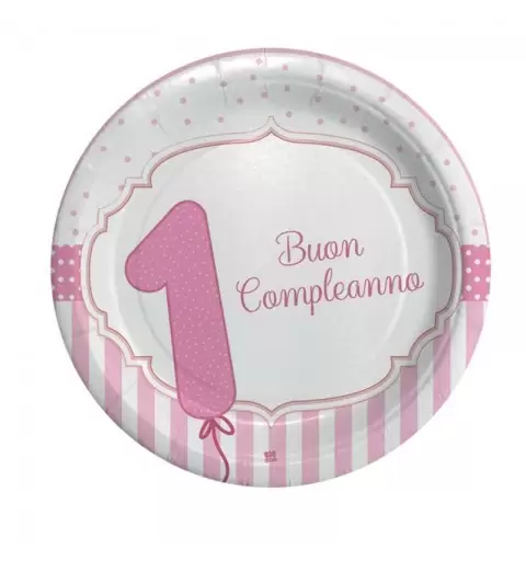 Piatti primo compleanno rosa strisce - 8 pz