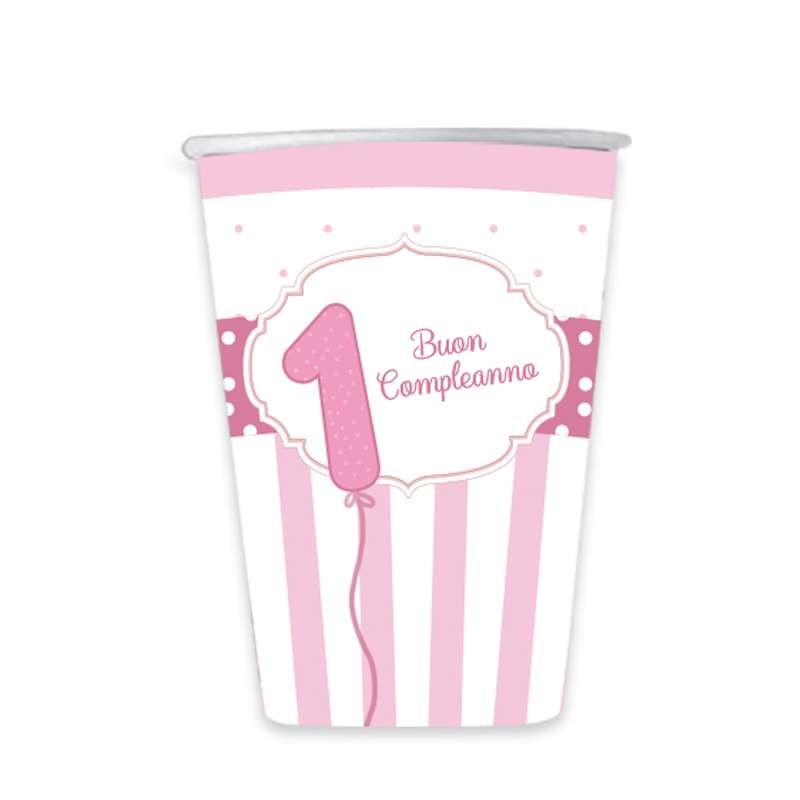 Bicchieri primo compleanno rosa strisce - 8 pz