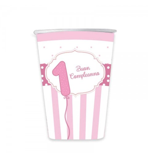 Bicchieri primo compleanno rosa strisce - 8 pz
