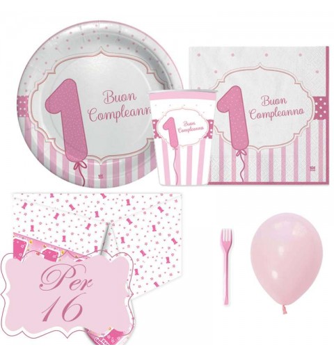 Kit n.6 un anno rosa a strisce - set tavola per 16